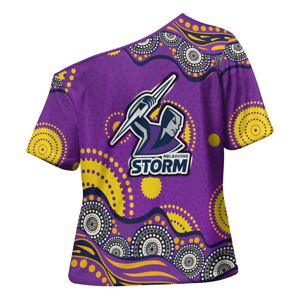 Melbourne Storm Cross Shoulder Shirt Aboriginal Dot Pattern - Rugby Mascot Heritage Pride