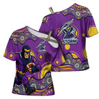 Melbourne Storm Cross Shoulder Shirt Aboriginal Dot Pattern - Rugby Mascot Heritage Pride