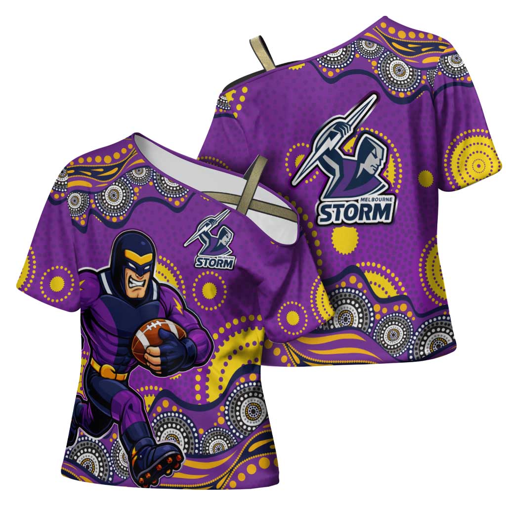 Melbourne Storm Cross Shoulder Shirt Aboriginal Dot Pattern - Rugby Mascot Heritage Pride