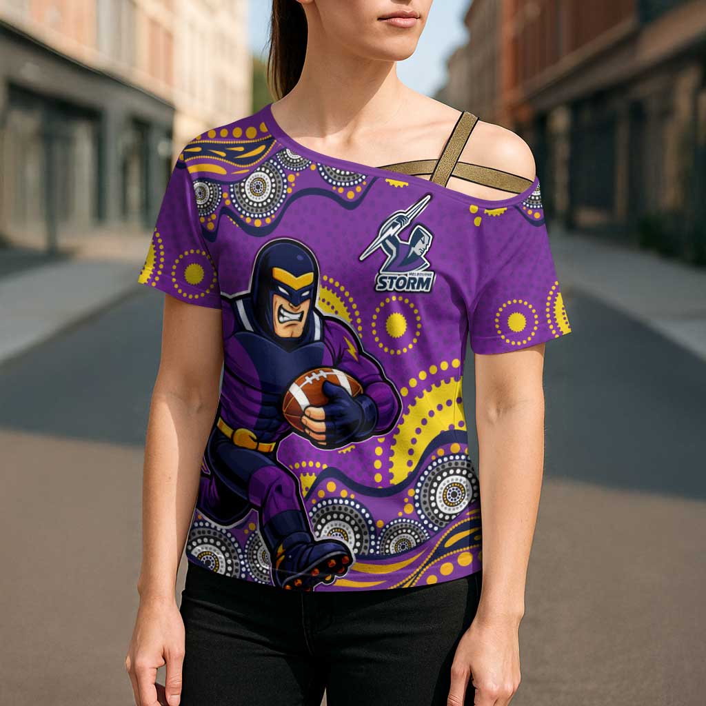 Melbourne Storm Cross Shoulder Shirt Aboriginal Dot Pattern - Rugby Mascot Heritage Pride