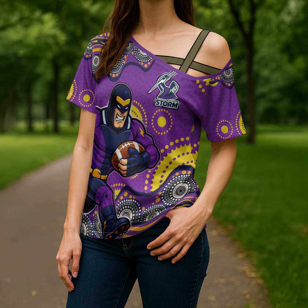 Melbourne Storm Cross Shoulder Shirt Aboriginal Dot Pattern - Rugby Mascot Heritage Pride