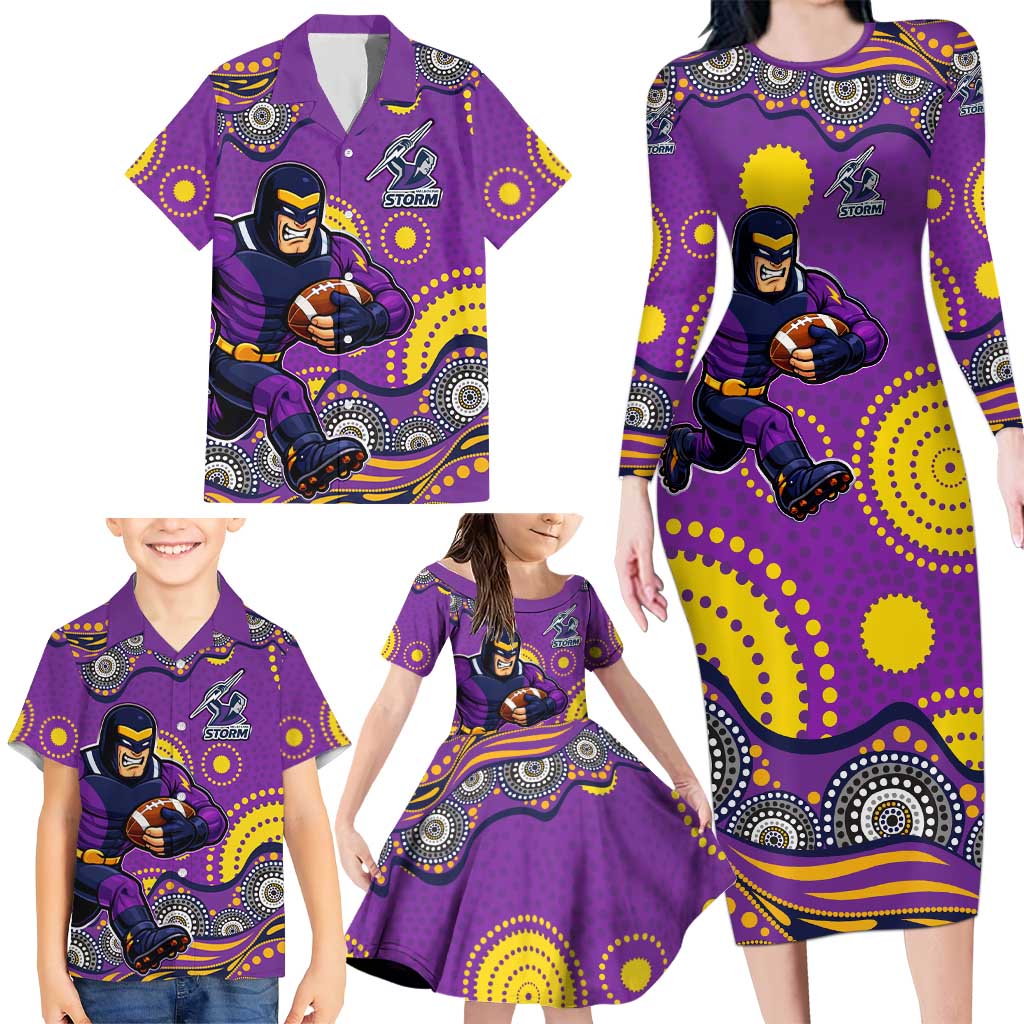 Melbourne Storm Family Matching Long Sleeve Bodycon Dress and Hawaiian Shirt Aboriginal Dot Pattern - Rugby Mascot Heritage Pride