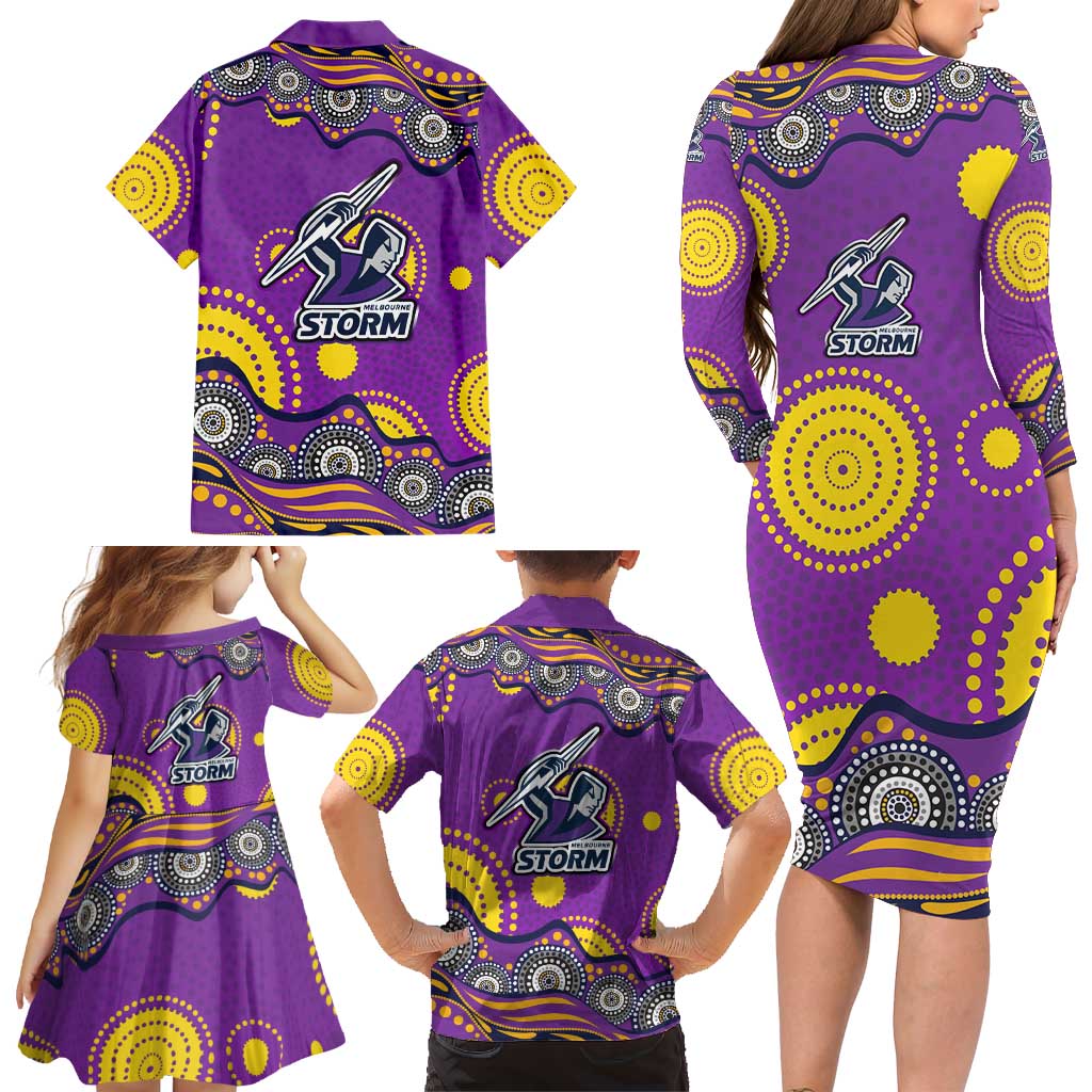 Melbourne Storm Family Matching Long Sleeve Bodycon Dress and Hawaiian Shirt Aboriginal Dot Pattern - Rugby Mascot Heritage Pride