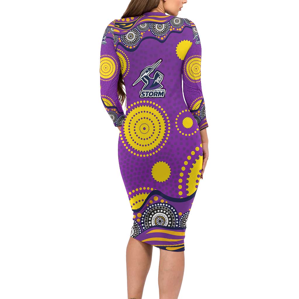 Melbourne Storm Family Matching Long Sleeve Bodycon Dress and Hawaiian Shirt Aboriginal Dot Pattern - Rugby Mascot Heritage Pride