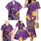 Melbourne Storm Family Matching Mermaid Dress and Hawaiian Shirt Aboriginal Dot Pattern - Rugby Mascot Heritage Pride
