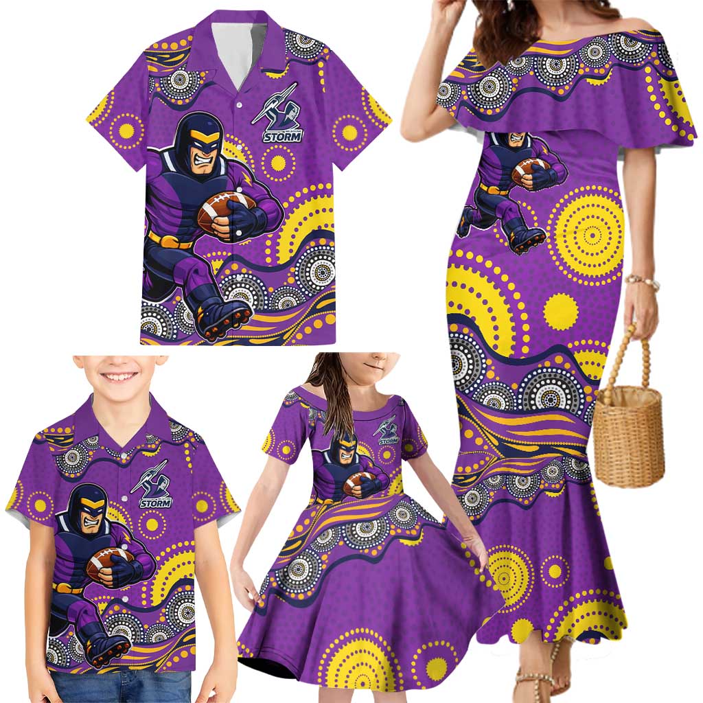 Melbourne Storm Family Matching Mermaid Dress and Hawaiian Shirt Aboriginal Dot Pattern - Rugby Mascot Heritage Pride