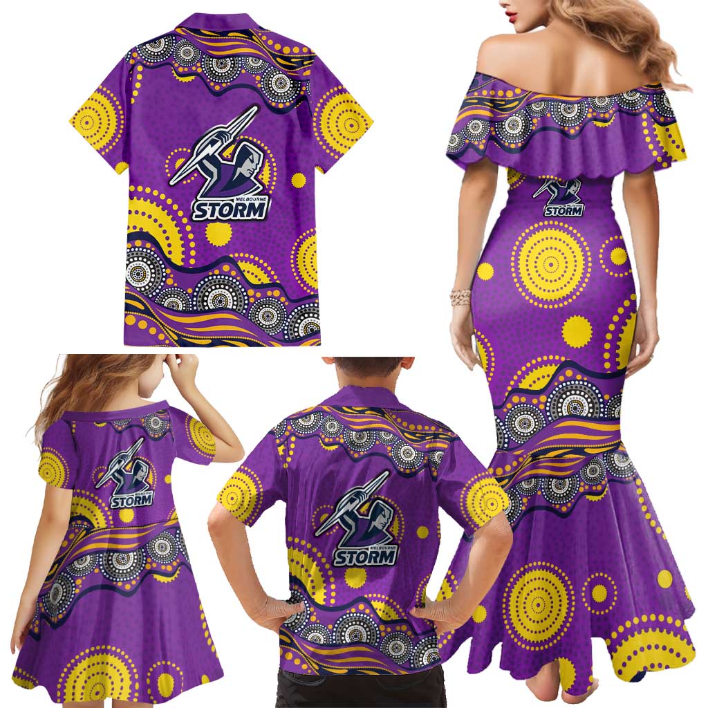 Melbourne Storm Family Matching Mermaid Dress and Hawaiian Shirt Aboriginal Dot Pattern - Rugby Mascot Heritage Pride