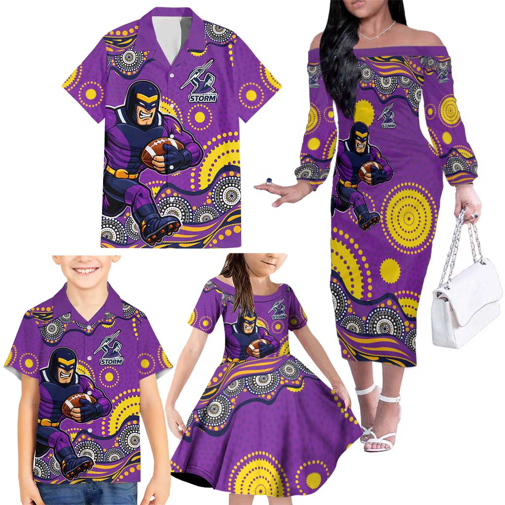 Melbourne Storm Family Matching Off The Shoulder Long Sleeve Dress and Hawaiian Shirt Aboriginal Dot Pattern - Rugby Mascot Heritage Pride