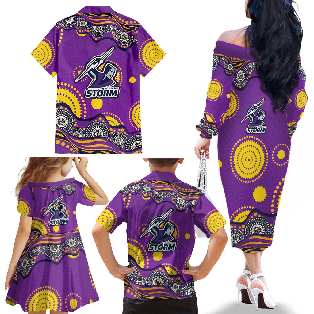Melbourne Storm Family Matching Off The Shoulder Long Sleeve Dress and Hawaiian Shirt Aboriginal Dot Pattern - Rugby Mascot Heritage Pride