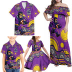 Melbourne Storm Family Matching Off Shoulder Maxi Dress and Hawaiian Shirt Aboriginal Dot Pattern - Rugby Mascot Heritage Pride