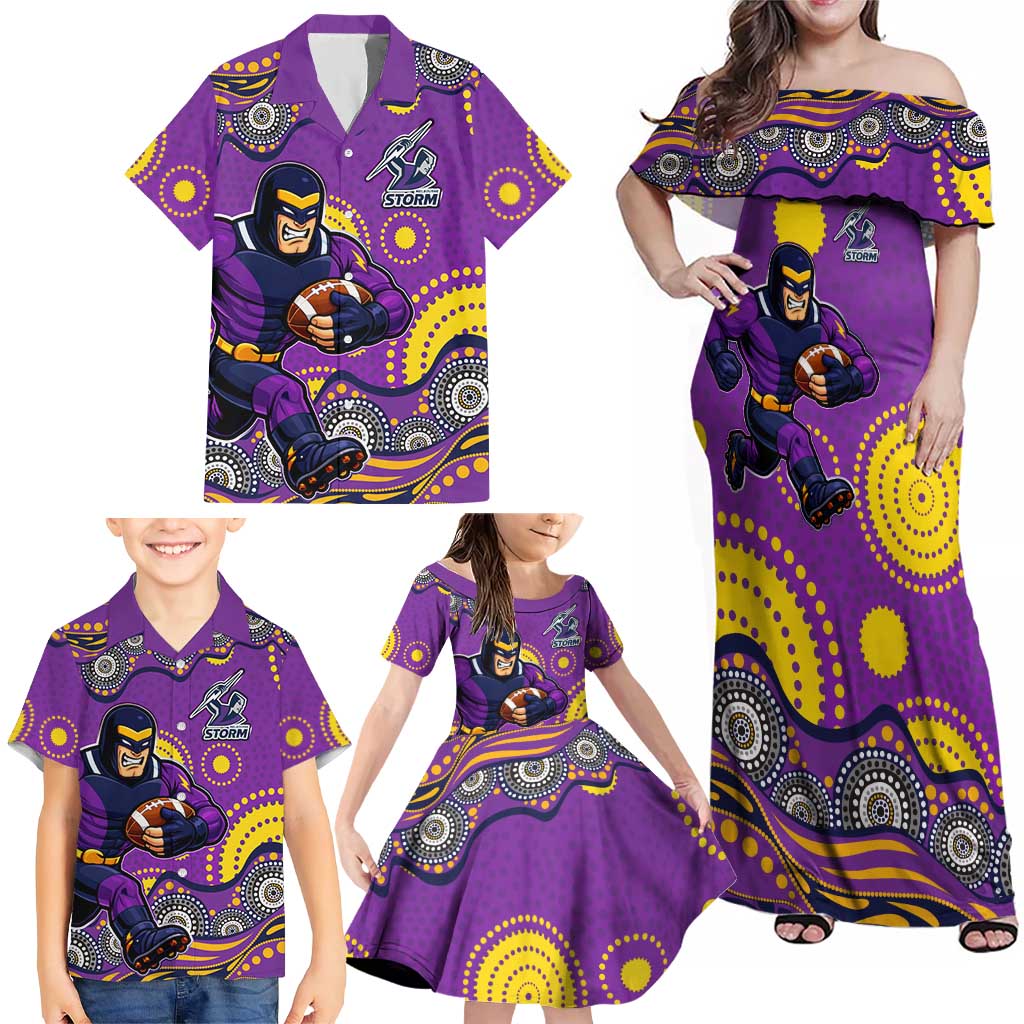 Melbourne Storm Family Matching Off Shoulder Maxi Dress and Hawaiian Shirt Aboriginal Dot Pattern - Rugby Mascot Heritage Pride
