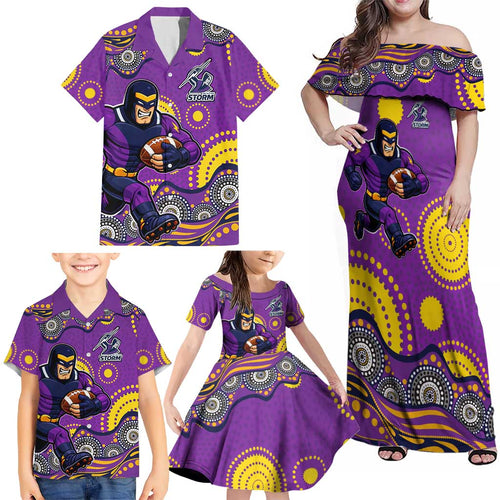 Melbourne Storm Family Matching Off Shoulder Maxi Dress and Hawaiian Shirt Aboriginal Dot Pattern - Rugby Mascot Heritage Pride