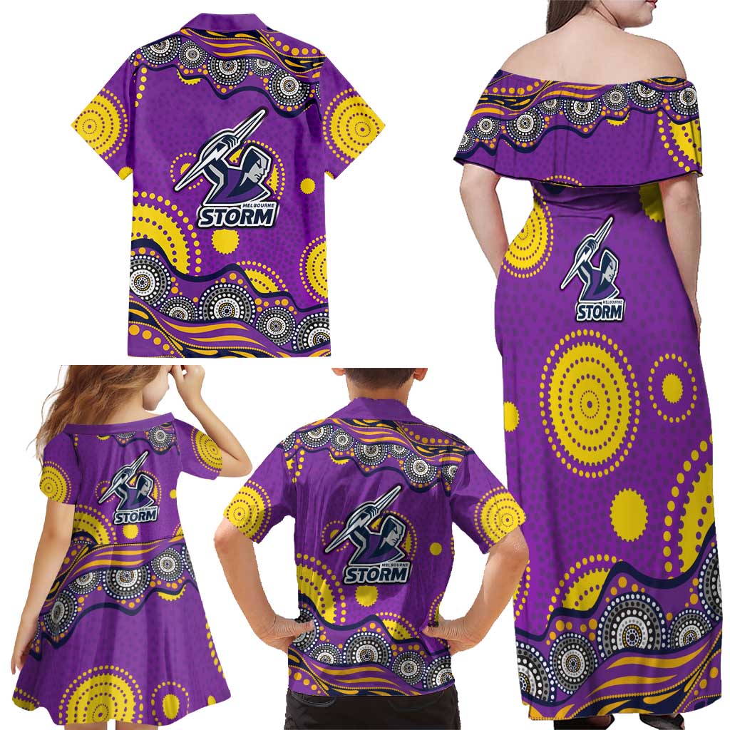 Melbourne Storm Family Matching Off Shoulder Maxi Dress and Hawaiian Shirt Aboriginal Dot Pattern - Rugby Mascot Heritage Pride