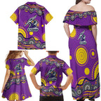 Melbourne Storm Family Matching Off Shoulder Maxi Dress and Hawaiian Shirt Aboriginal Dot Pattern - Rugby Mascot Heritage Pride