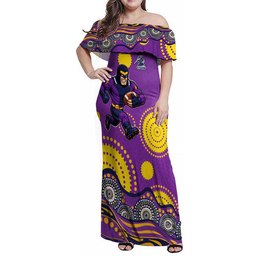 Melbourne Storm Family Matching Off Shoulder Maxi Dress and Hawaiian Shirt Aboriginal Dot Pattern - Rugby Mascot Heritage Pride