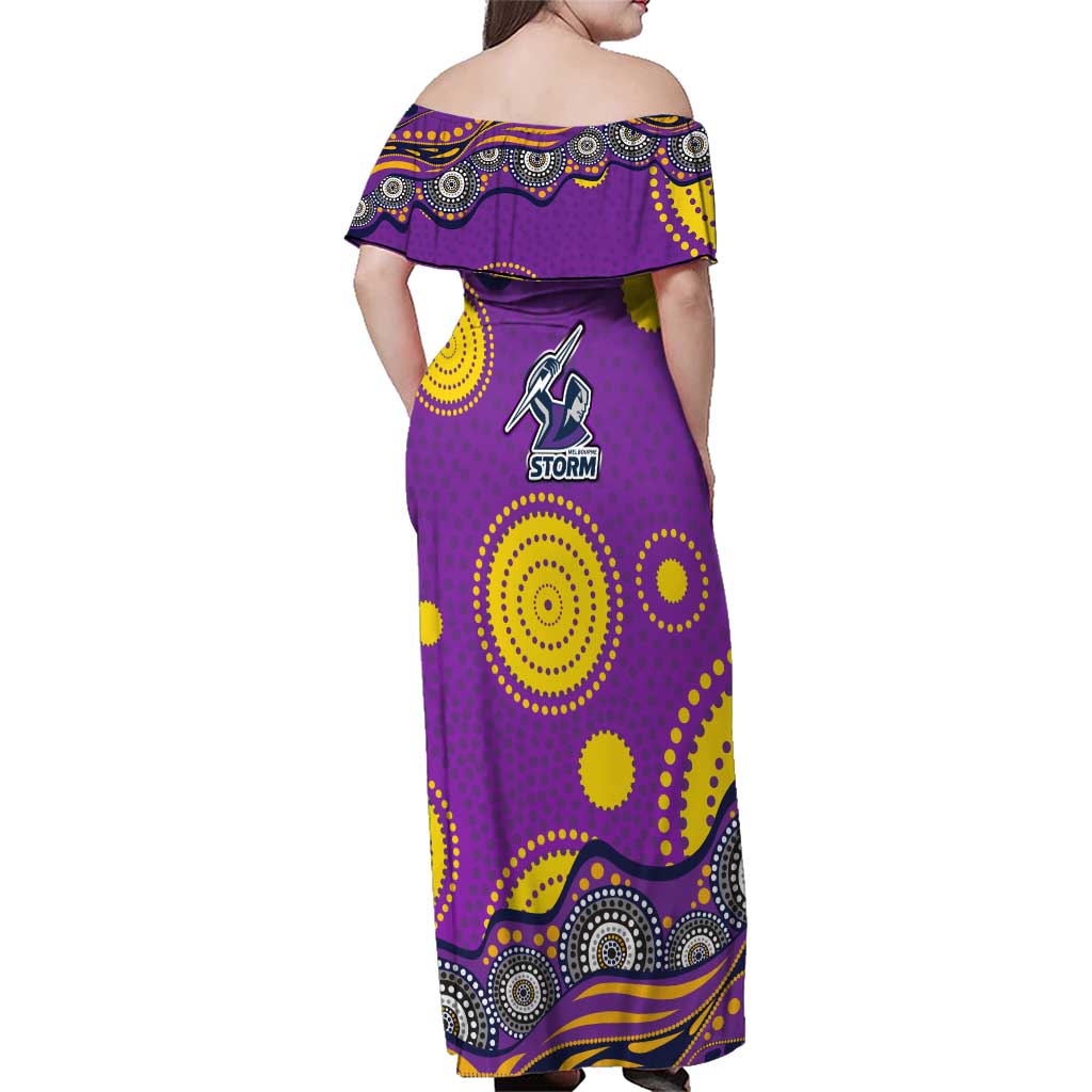 Melbourne Storm Family Matching Off Shoulder Maxi Dress and Hawaiian Shirt Aboriginal Dot Pattern - Rugby Mascot Heritage Pride