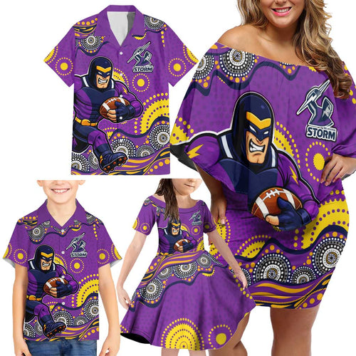 Melbourne Storm Family Matching Off Shoulder Short Dress and Hawaiian Shirt Aboriginal Dot Pattern - Rugby Mascot Heritage Pride