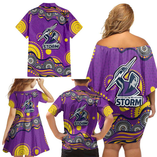 Melbourne Storm Family Matching Off Shoulder Short Dress and Hawaiian Shirt Aboriginal Dot Pattern - Rugby Mascot Heritage Pride