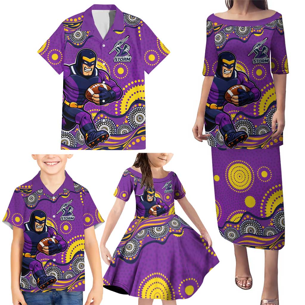 Melbourne Storm Family Matching Puletasi and Hawaiian Shirt Aboriginal Dot Pattern - Rugby Mascot Heritage Pride