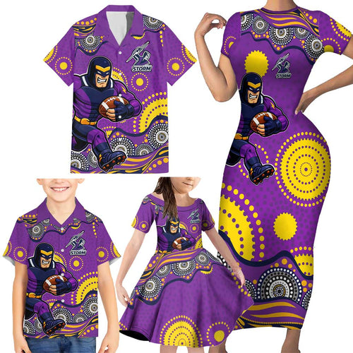 Melbourne Storm Family Matching Short Sleeve Bodycon Dress and Hawaiian Shirt Aboriginal Dot Pattern - Rugby Mascot Heritage Pride