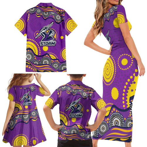 Melbourne Storm Family Matching Short Sleeve Bodycon Dress and Hawaiian Shirt Aboriginal Dot Pattern - Rugby Mascot Heritage Pride