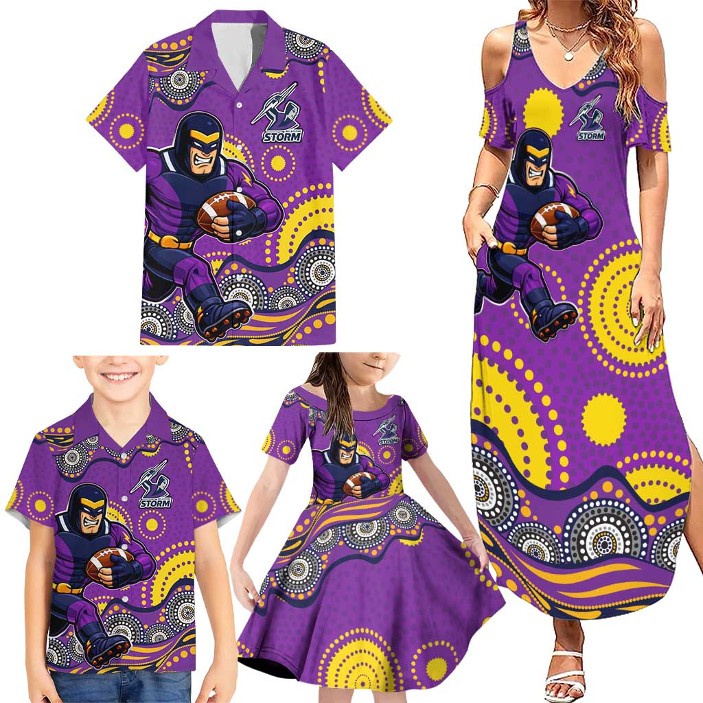 Melbourne Storm Family Matching Summer Maxi Dress and Hawaiian Shirt Aboriginal Dot Pattern - Rugby Mascot Heritage Pride
