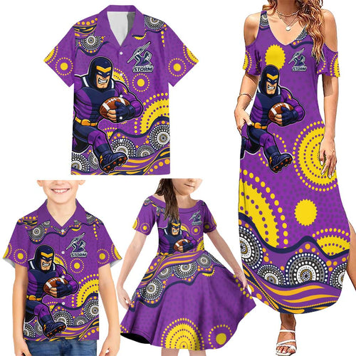 Melbourne Storm Family Matching Summer Maxi Dress and Hawaiian Shirt Aboriginal Dot Pattern - Rugby Mascot Heritage Pride