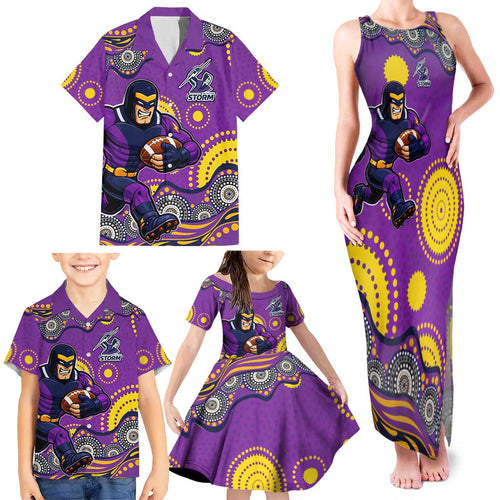 Melbourne Storm Family Matching Tank Maxi Dress and Hawaiian Shirt Aboriginal Dot Pattern - Rugby Mascot Heritage Pride