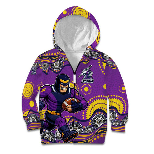 Melbourne Storm Kid Hoodie Aboriginal Dot Pattern - Rugby Mascot Heritage Pride