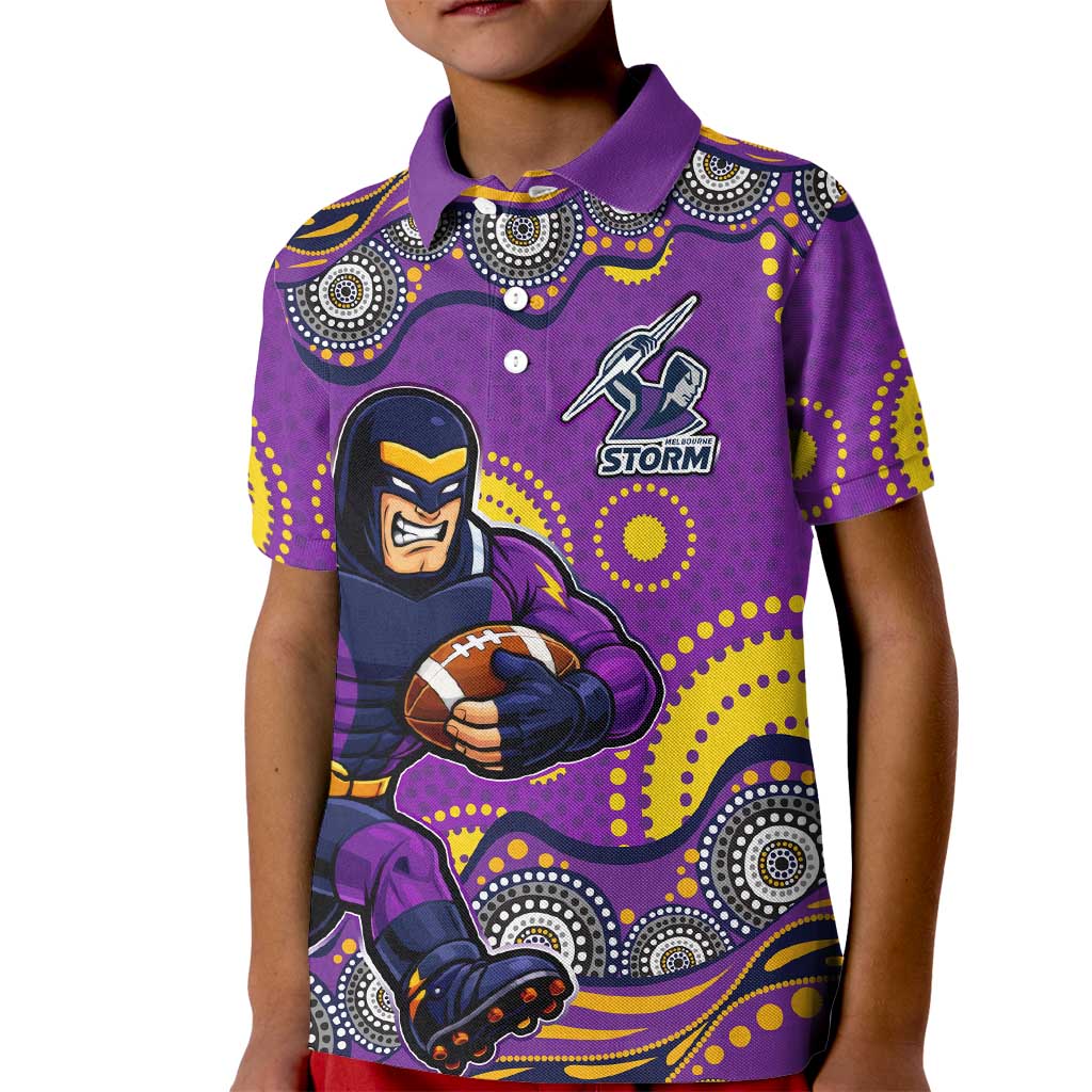 Melbourne Storm Kid Polo Shirt Aboriginal Dot Pattern - Rugby Mascot Heritage Pride