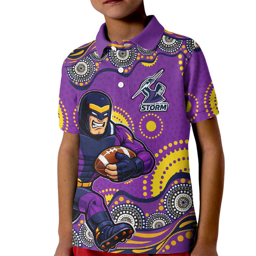 Melbourne Storm Kid Polo Shirt Aboriginal Dot Pattern - Rugby Mascot Heritage Pride