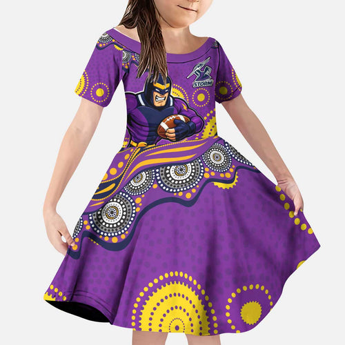 Melbourne Storm Kid Short Sleeve Dress Aboriginal Dot Pattern - Rugby Mascot Heritage Pride