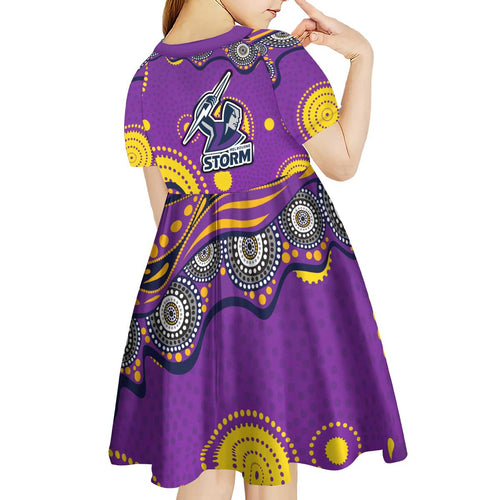 Melbourne Storm Kid Short Sleeve Dress Aboriginal Dot Pattern - Rugby Mascot Heritage Pride