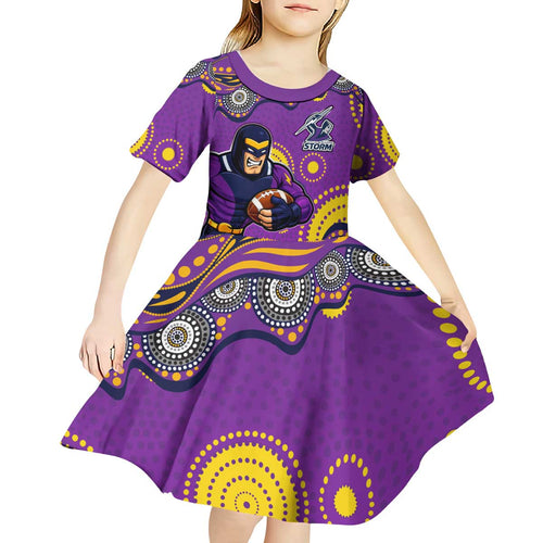 Melbourne Storm Kid Short Sleeve Dress Aboriginal Dot Pattern - Rugby Mascot Heritage Pride