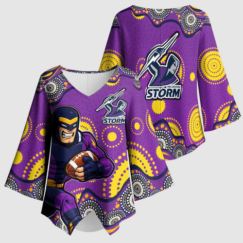 Melbourne Storm Kimono Sleeve Blouse Aboriginal Dot Pattern - Rugby Mascot Heritage Pride