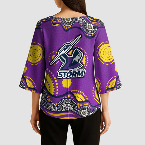 Melbourne Storm Kimono Sleeve Blouse Aboriginal Dot Pattern - Rugby Mascot Heritage Pride