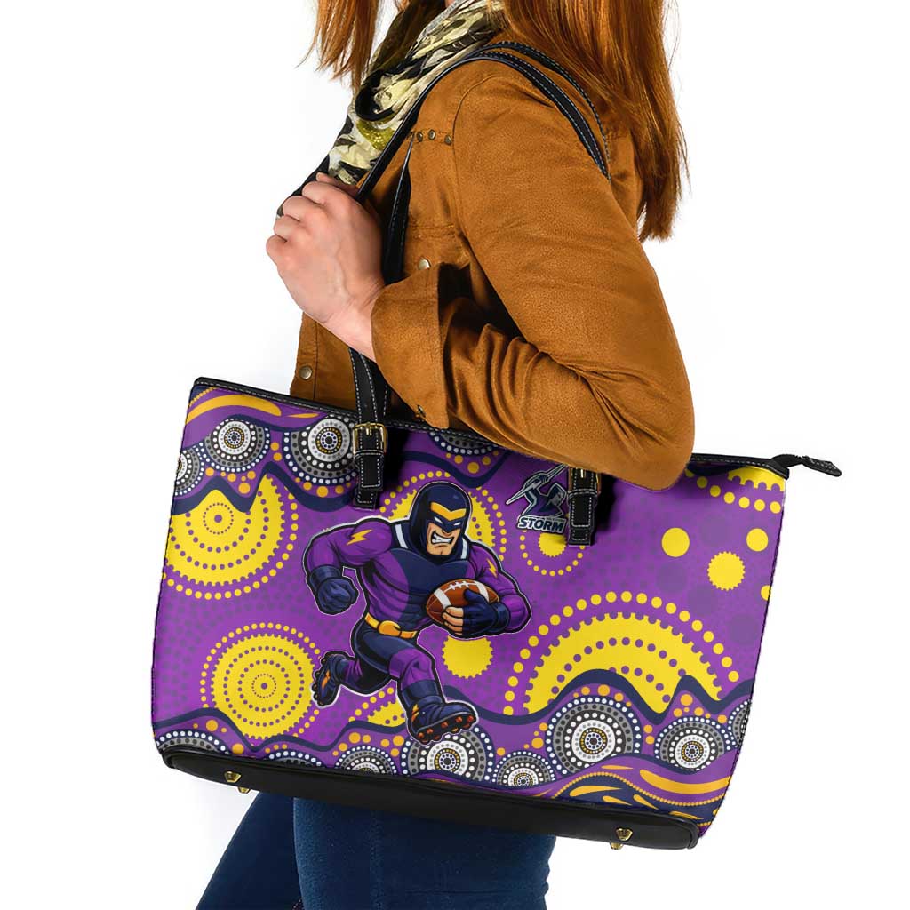 Melbourne Storm Leather Tote Bag Aboriginal Dot Pattern - Rugby Mascot Heritage Pride