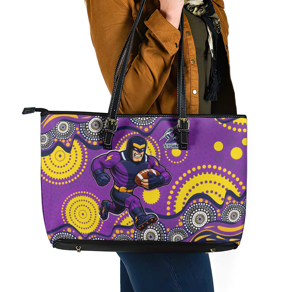 Melbourne Storm Leather Tote Bag Aboriginal Dot Pattern - Rugby Mascot Heritage Pride