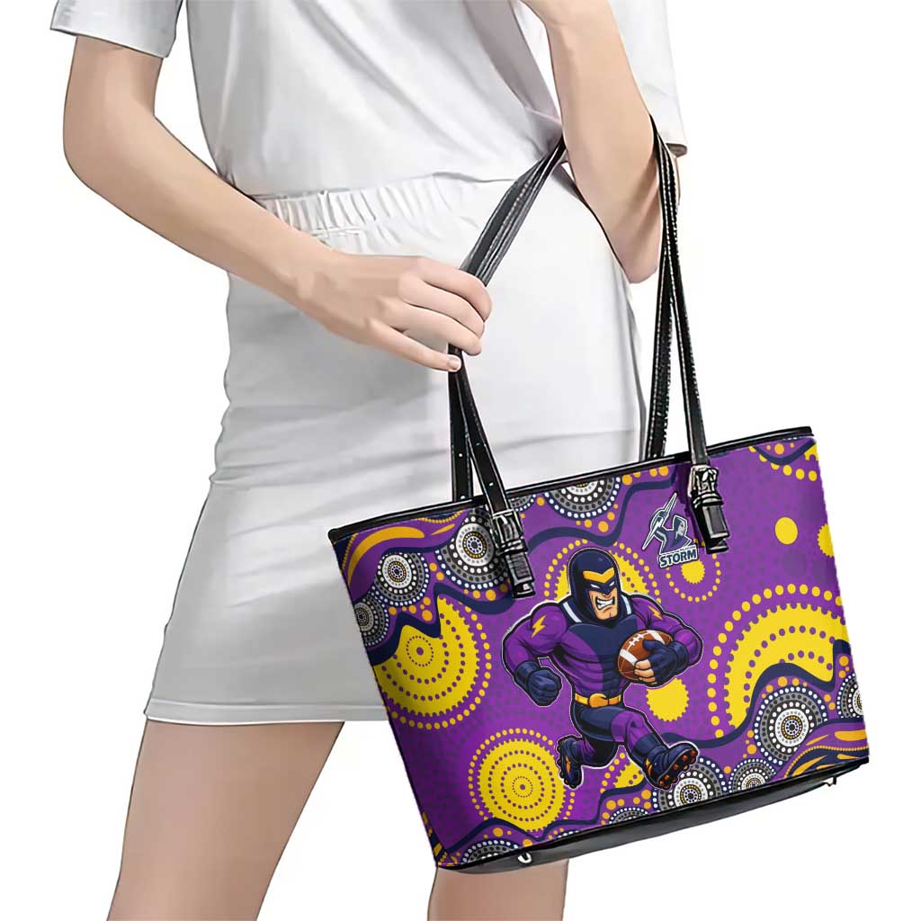 Melbourne Storm Leather Tote Bag Aboriginal Dot Pattern - Rugby Mascot Heritage Pride