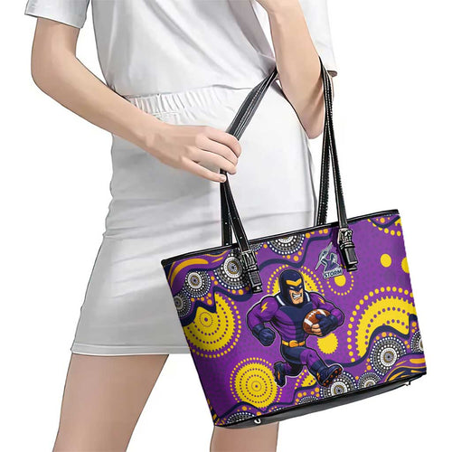 Melbourne Storm Leather Tote Bag Aboriginal Dot Pattern - Rugby Mascot Heritage Pride