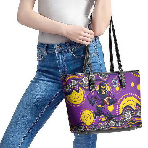Melbourne Storm Leather Tote Bag Aboriginal Dot Pattern - Rugby Mascot Heritage Pride