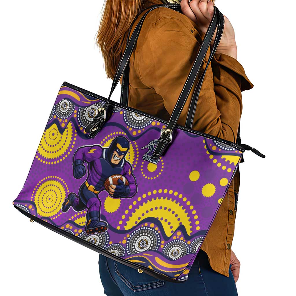 Melbourne Storm Leather Tote Bag Aboriginal Dot Pattern - Rugby Mascot Heritage Pride