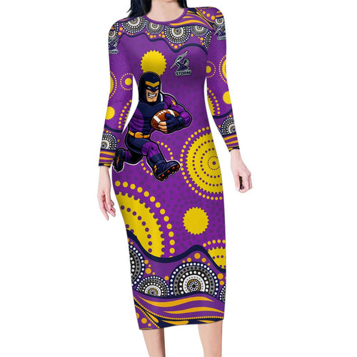 Melbourne Storm Long Sleeve Bodycon Dress Aboriginal Dot Pattern - Rugby Mascot Heritage Pride