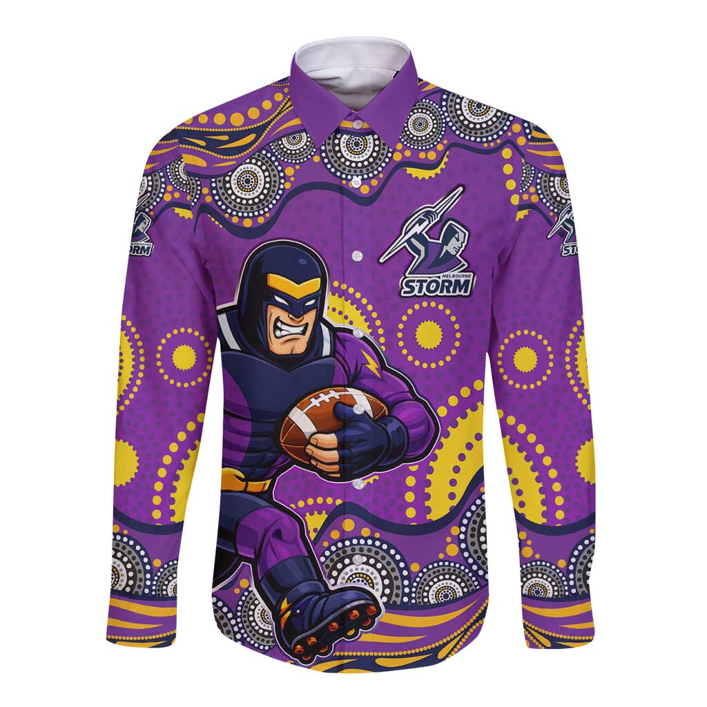 Melbourne Storm Long Sleeve Button Shirt Aboriginal Dot Pattern - Rugby Mascot Heritage Pride