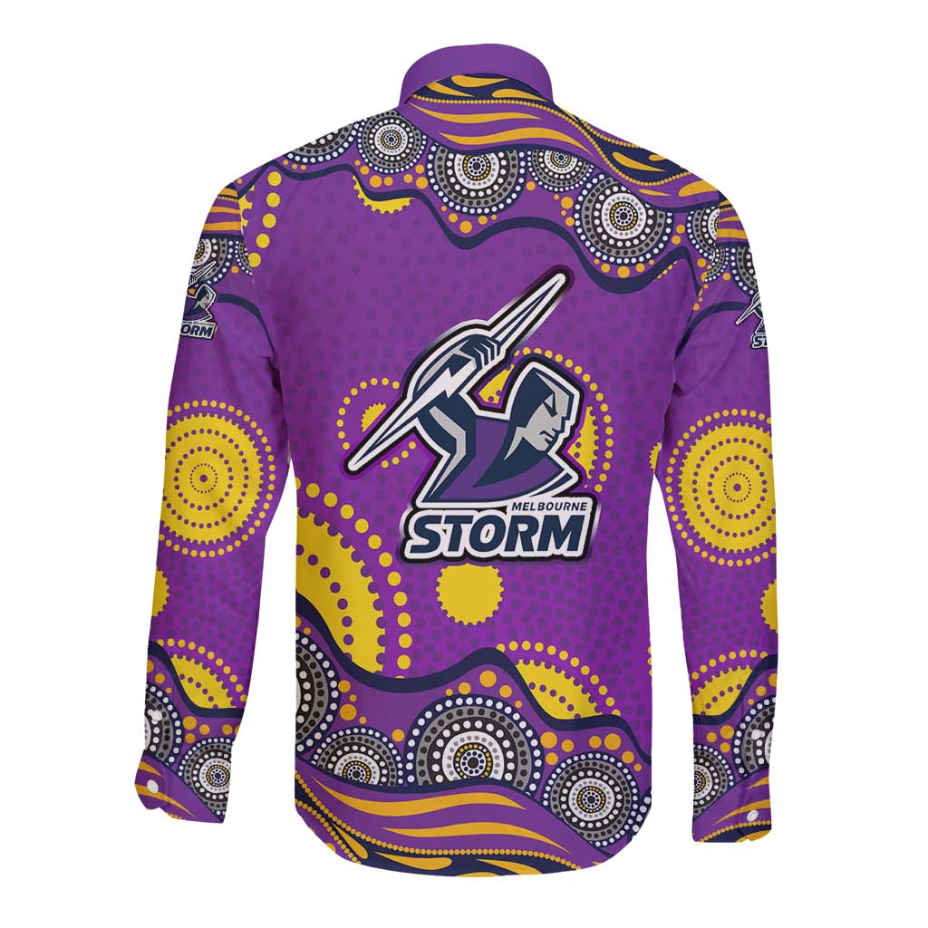 Melbourne Storm Long Sleeve Button Shirt Aboriginal Dot Pattern - Rugby Mascot Heritage Pride