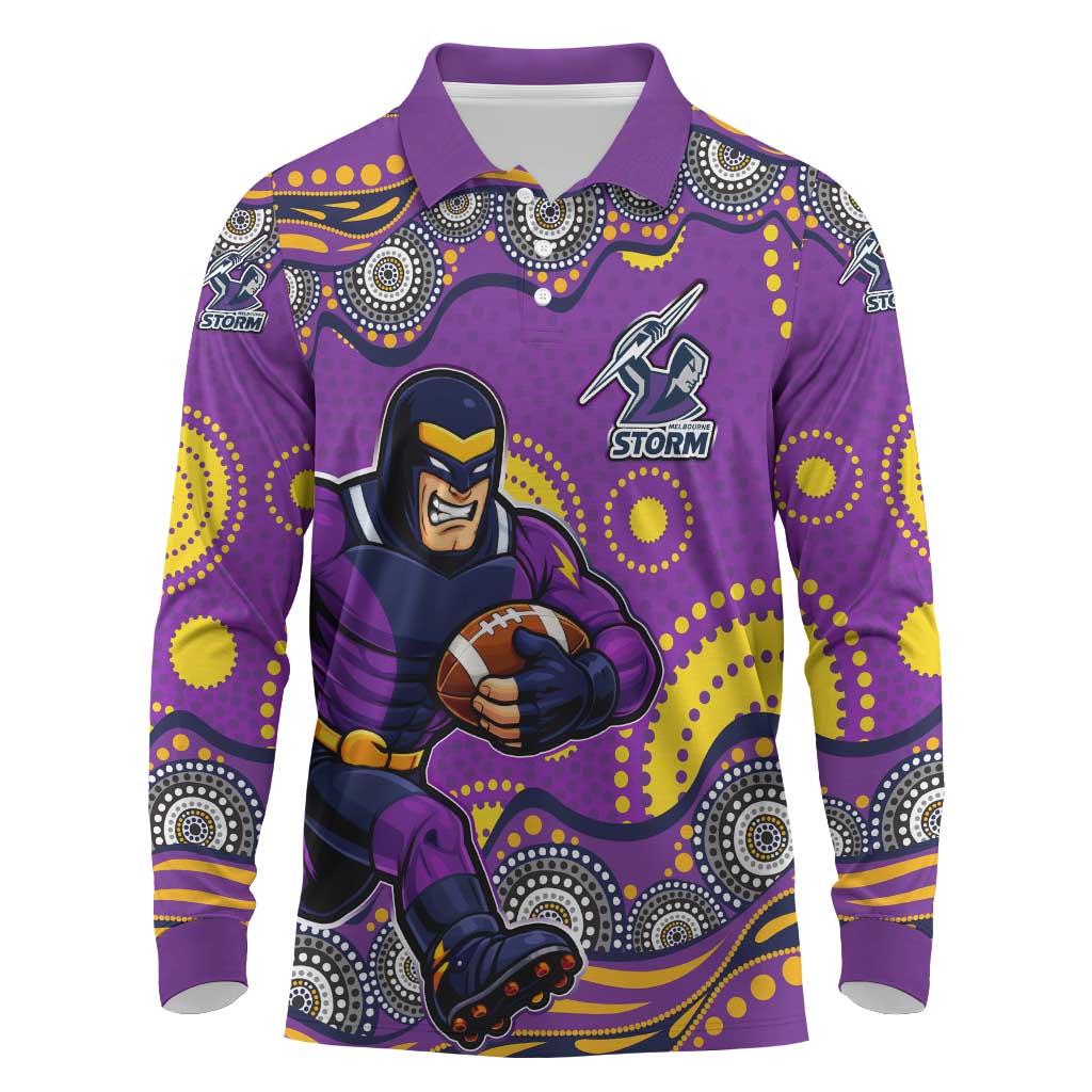 Melbourne Storm Long Sleeve Polo Shirt Aboriginal Dot Pattern - Rugby Mascot Heritage Pride