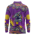 Melbourne Storm Long Sleeve Polo Shirt Aboriginal Dot Pattern - Rugby Mascot Heritage Pride