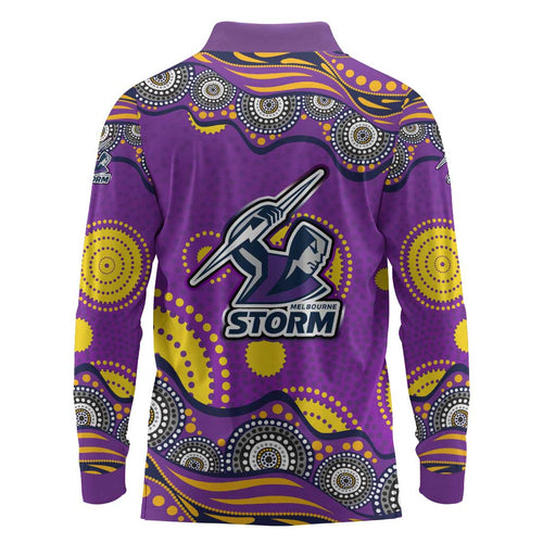 Melbourne Storm Long Sleeve Polo Shirt Aboriginal Dot Pattern - Rugby Mascot Heritage Pride