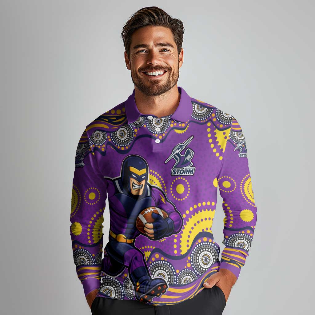 Melbourne Storm Long Sleeve Polo Shirt Aboriginal Dot Pattern - Rugby Mascot Heritage Pride
