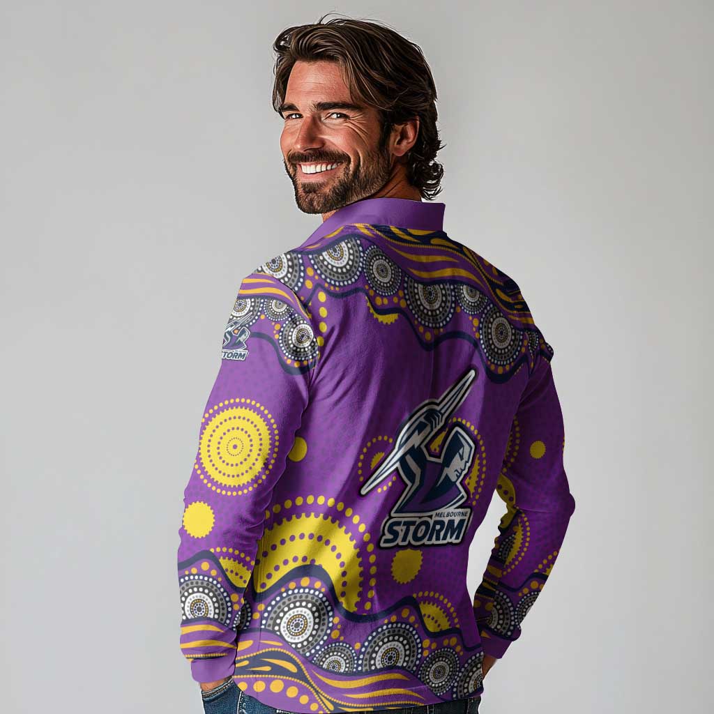 Melbourne Storm Long Sleeve Polo Shirt Aboriginal Dot Pattern - Rugby Mascot Heritage Pride